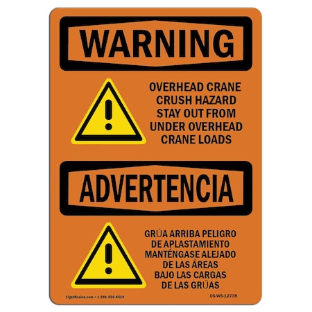 Signmission OSHA WARNING Sign, Overhead Crane Crush Hazard Bilingual, 5in X 3.5in Decal, 3.5" W, 5" L, Landscape OS-WS-D-35-L-12738